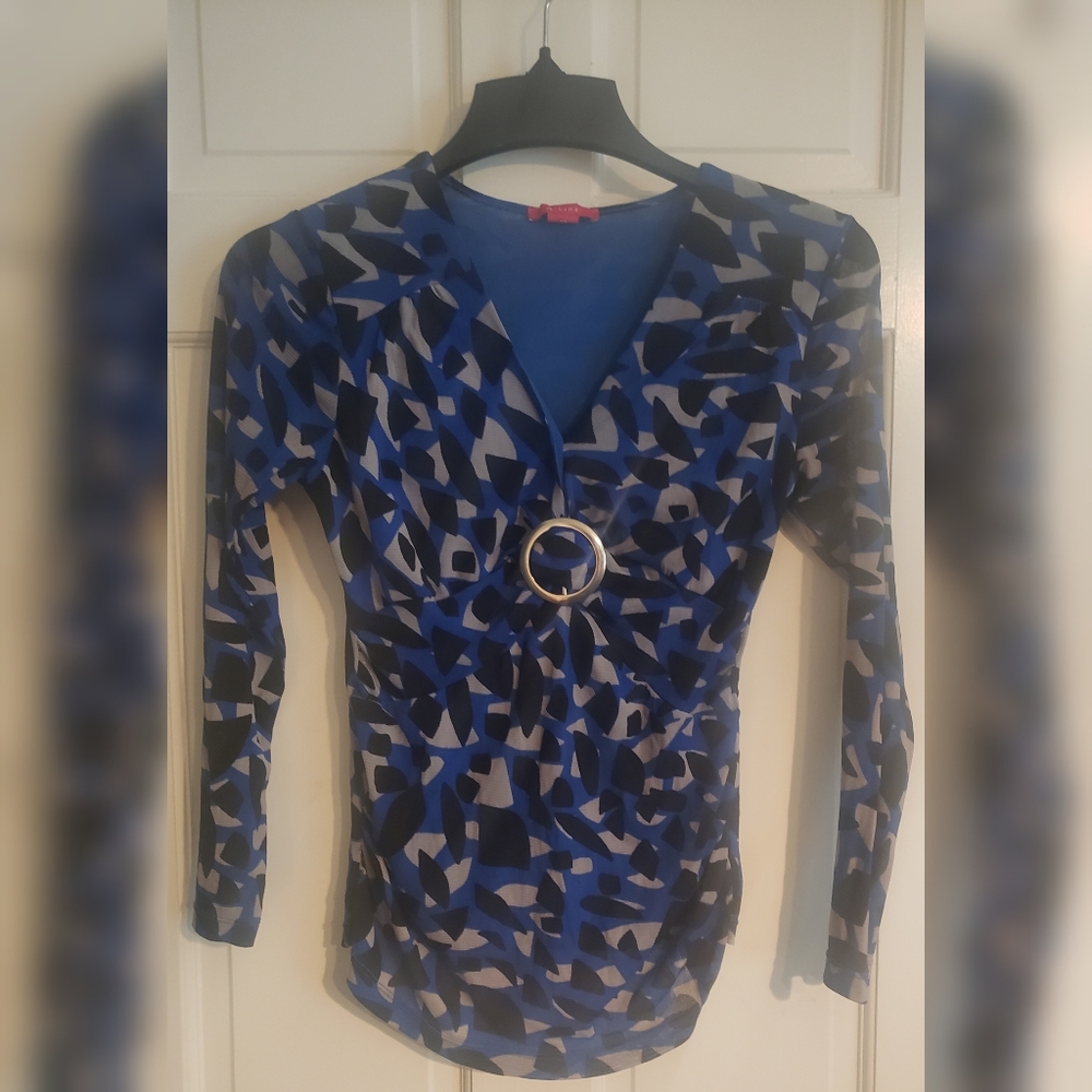 A Line Blue Animal Print Nylon Blouse M